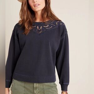Anthropologie Fabienne Eyelet Sweatshirt Navy Embroidered Cotton Pullover Size S
